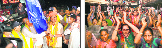 Minister for Tourism and Culture Nawang Rigzin Jora flags off the first batch of pilgrims to the Amarnath cave shrine in Jammu on Tuesday; and (right) pilgrims chant Bam Bam Bhole and Har Har Mahadev before leaving the base camp at Bhagwati Nagar. 
