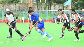 Players in action during the Air Force Hockey Championship at the 3BRD Air Force Station in Chandigarh on Wednesday