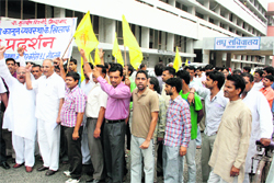 Activists of the HJC hold a protest against price rise in Rohtak on Wednesday. 