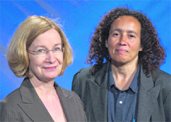 Professor of political science at Boston University Neta Crawford (right) with anthropologist Catherine Lutz after discussing a new study that re-calculates the cost of the wars in Iraq and Afghanistan