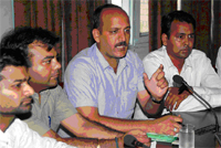 Bharatiya Janata Yuva Morcha leaders speaking about the organisations agitation programme in Bathinda on Thursday.