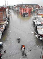 A view of the Sirki Bazaar after rains lashed Bathinda 