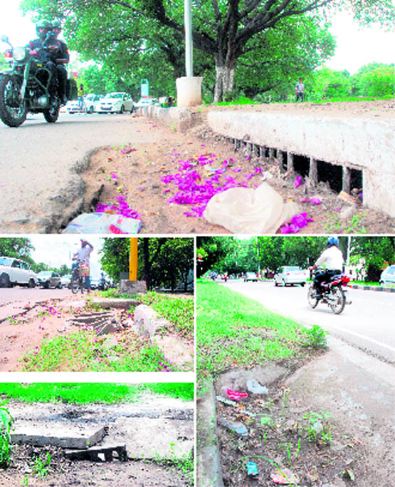 With monsoon on, blocked road gullies pose a risk of flooding (clockwise from top left) on the roundabout of Sectors 7, 8, 18 and 19; behind government houses in Sector 30; near temple in Sector 19; near government press in Sector 18.