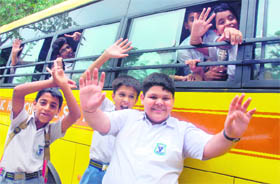 Students in a jubilant mood after schools reopened after summer holidays in Chandigarh on Friday.
