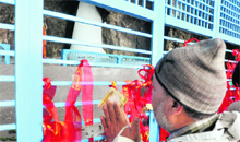 A pilgrim has darshan of the Ice Lingam at the Amarnath cave shrine on Friday. 
