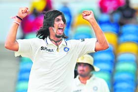 Ishant Sharma celebrates another West Indies wicket in Barbados on Thursday
