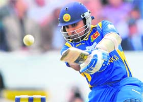 Mahela Jayawardene hits a bounary against England in Leeds on Friday