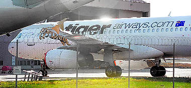 A Tiger Airways plane sits on the tarmac at Melbourne Airport on Saturday after aviation regulators grounded budget carrier because it posed a "serious and imminent risk to air safety", throwing the travel plans of thousands of people into chaos.