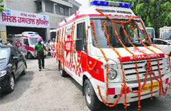An ambulance, without the earlier trademark picture of state chief minister Prakash Singh Badal and the state health minister, flagged off from the Civil Hospital in Ludhiana, on Saturday