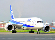 A Boeing's 787 Dreamliner, painted in the ANA colours of white and blue, arrives at Tokyo's Haneda airport during a test flight on Sunday. The Dreamliner flew into Tokyo from Seattle for test flights as All Nippon Airways (ANA) prepares to become the world's first airline to deploy the new fuel-efficient long-haul jet