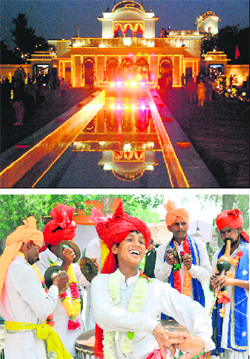 The illuminated Yadavindra Gardens in Pinjore; and (below) artistes perform during the Mango Mela on Sunday