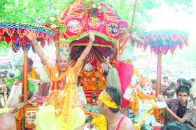 Devotees participate in the Lord Jagannath procession in Dehradun on Sunday