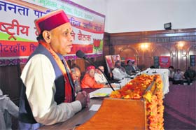 Chief Minister PK Dhumal addresses the National Executive Meeting of the Scheduled Castes Morcha of the BJP in Shimla on Sunday
