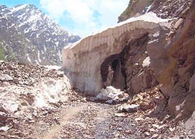 The blocked highway at Saach Pass on Saturday
