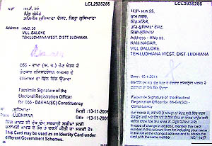 A voters ID card issued to a Jassian resident shows him as resident of Balloke, while another one identifies him as a Ram Nagar resident in Ludhiana.