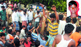 Angry relatives of 13-year-old Dilsan (inset) protest after the boy was allegedly shot dead by a jawan in Chennai on Sunday.