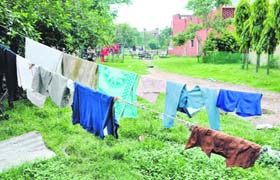 Temporary sheds raised by workers in a park located near house numbers 1001/1039; and a green belt near house numbers 1042/1064 being used for drying clothes at Attawa village in Sector 42, Chandigarh