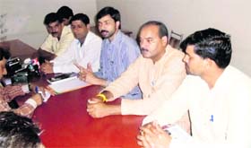 Activists of the Bharatiya Janata Yuva Morcha at a press conference in Rewari