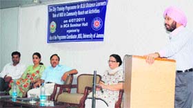 NSS programme coordinator Jasbir Singh addresses a training programme at the University of Jammu on Monday