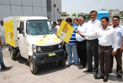 Ashok Bharti, chairman, Improvement Trust, flags off a milk supply van in Bathinda on Tuesday. 