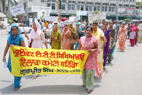Private ETT students hold a protest march in Bathinda on Tuesday. 