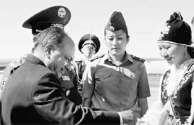 Defence Minister AK Antony gets a traditional welcome on his two-day visit to Kyrghyzstan on Tuesday.