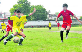 A match in the Nemi Dass Memorial District Football League in Dehradun 