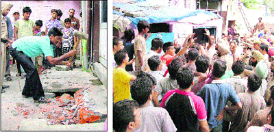 A resident of Chawni Mohalla demolishes his own structure; and (right) residents protest against the Municipal Corporations demolition drive in Ludhiana on Wednesday