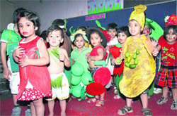 Tiny Tots of Maple Bear Canadian Playway and Nursery School came dressed as vegetables and fruits during a function in Ludhiana on Wednesday