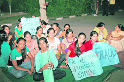 BA, BEd students stage a dharna outside the Panjab University Vice-Chancellors office in Chandigarh on Thursday