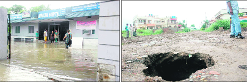 Waterlogging due to overnight rain at the ISBT, Dehradun; and (right) a part of a kutcha road caved in near the Saharanpur road in Dehradun on Thursday. Tribune photos: Vinod Pundir 