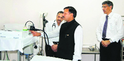 Health Minister Rajiv Bindal inaugurates an endoscopy machine at the DRPGMC, Tanda, on Thursday. 