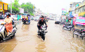 A waterlogged road after a downpour in Kaithal on Thursday, giving motorists a tough time.