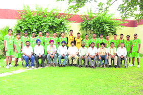 The JCT under-19 football team, which won the I-League, pose for a photograph with the JCT management in Phagwara.