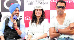 From left Diljit Dosanjh, Neeru Bajwa and Gippi Grewal, star cast of Jinhe Mera Dil Luteya, in Ludhiana on Friday.