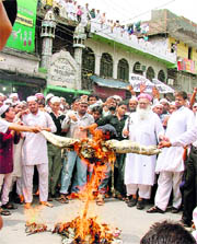 Protesters led by Shahi Imam Maulana Habib-ur-Rahman burn an effigy of the Uttar Pradesh government in Ludhiana on Friday.