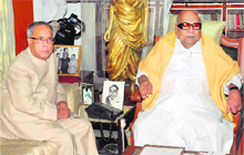 Union Finance Minister Pranab Mukherjee and DMK chief M Karunanidhi during a meeting at the latters Gopalapuram residence in Chennai on Saturday.
