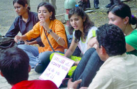 Activists of the Slutwalk Atharth Besharmi Morcha hold a nautanki at Jantar Mantar in New Delhi on Sunday on the issue of violation of womens rights.