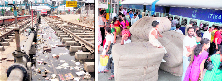 Filth and squalor on the tracks present an ugly sight. and (right) blockade Parcels kept on a platform restrict the movement of passengers who are in a hurry to board a train at the Ludhiana railway station