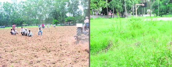 Work under way on the ground of Government Model Senior Secondary School, Sector 35, one of the 10 schools selected for infrastructure upgrade; and (right) overgrown weed around a basketball court of Government Model Senior Secondary School for Girls, Sector 18, Chandigarh. 