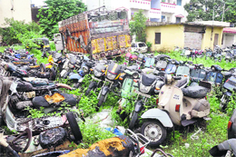 Impounded vehicles at a police station in Dehradun.
