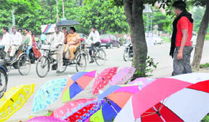 Cashing in on the rainy season, a vendor displays colourful umbrellas for sale near the mini-secretariat in Karnal