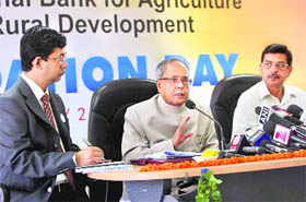 Finance Minister Pranab Mukherjee addresses the press conference after the meeting of Board of Directors of NABARD in New Delhi on Tuesday. 