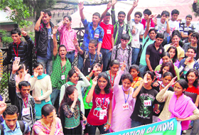 Activists of the SFI raise slogans for the release of fellow students at the DC office in Shimla on Tuesday. 
