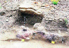 An exposed hearth in a mountain slope is an evidence of early human settlement in Kargil. 