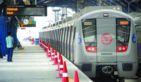 A train at the Vaishali Metro Station during the trial run in Ghaziabad on Wednesday. The Anand Vihar-Vaishali Metro section will open on Thursday. 
