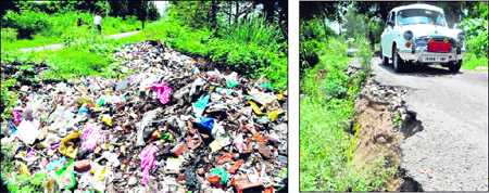 Heaps of garbage lying on a stretch of Kanwar Patri in Haridwar; and (right) A portion of Kanwar Patri that caved in near Singh Dwar 