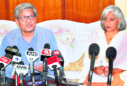Interlocutors Dileep Padgaonkar (left) and Radha Kumar interact with mediapersons in Jammu on Wednesday