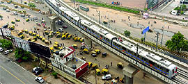 Delhi Metro train reaches Vaishali in Ghaziabad district on Thursday.
