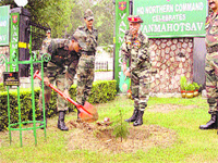 The GOC-in-C, Northern Command, Lt-Gen KT Parnaik, plants a sapling to mark the beginning of the Van Mahotsava celebrations at Military Station, Udhampur on Thursday.